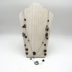 Long Layered Mother of Pearl Shell Necklace 24" Silver Tone Beads Adjustable‎